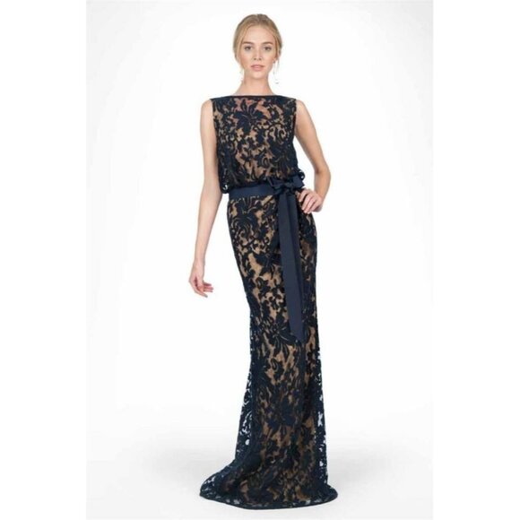 NWT TADASHI SHOJI Embroidered Lace Blouson Gown in Navy Nude Maxi Dress 4 - Picture 1 of 10